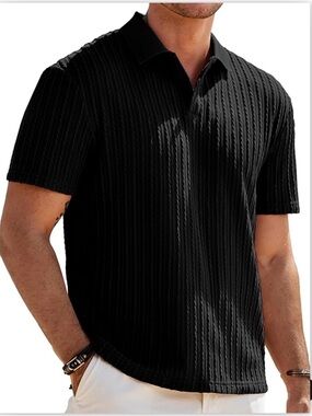 Men's Black Textured Short-Sleeve Polo